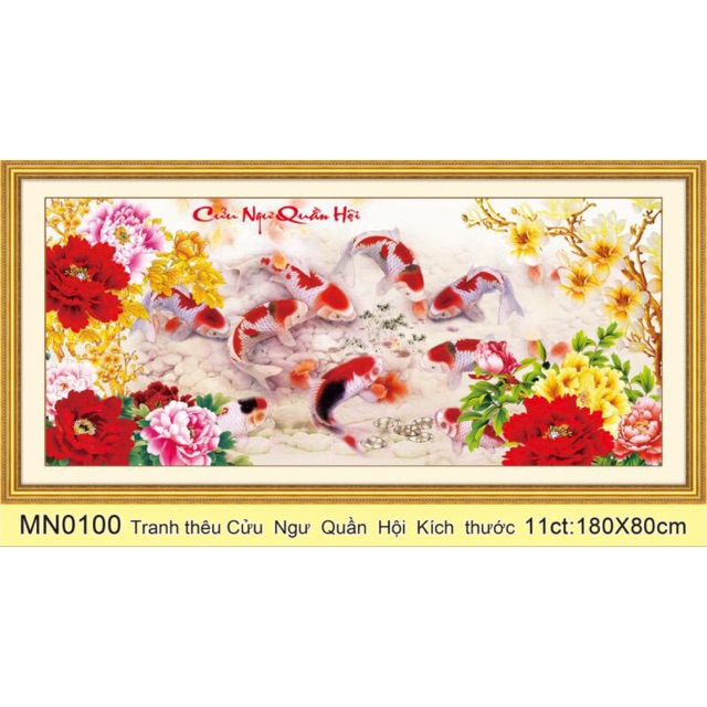 Tranh thêu cửu ngư quần hội cá chép hoa mẫu đơn khổ 180x80 cm | BigBuy360 - bigbuy360.vn