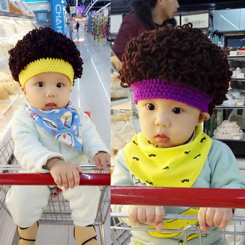 Mũ len đính tóc giả xoăn dành cho bé mới biết đi