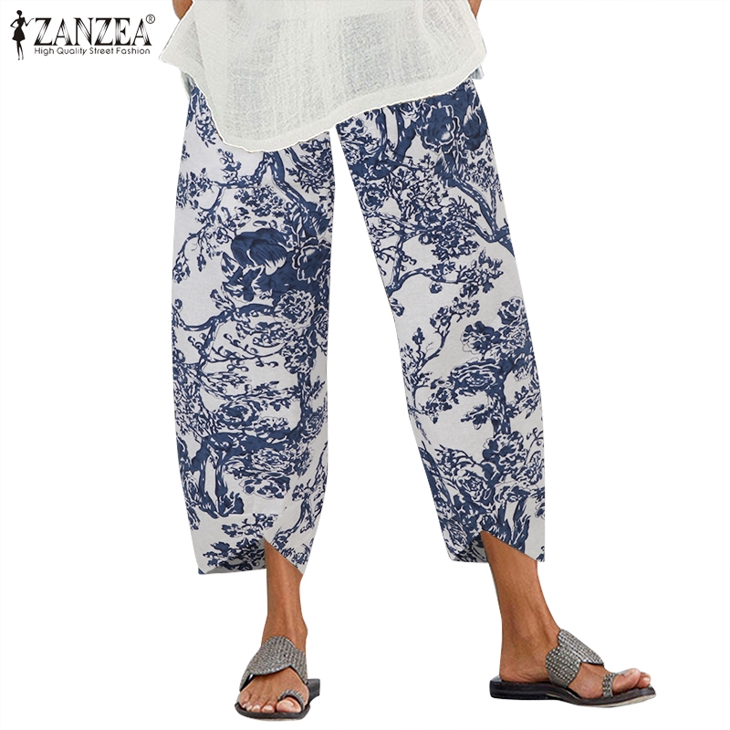Quần ZANZEA Ống Rộng Lưng Thun Thoải Mái Họa Tiết In Thời Trang Cho Nữ