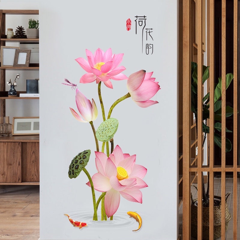 Decal ,Tranh dán tường sen hồng trang trí phòng khách .