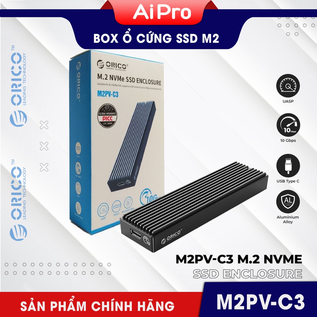 Box ổ cứng SSD M2 ORICO - M2PV-C3  NVMe - USB 3.1 - 10Gbps - Vỏ nhôm - Chính Hãng bảo hành 12 tháng!!