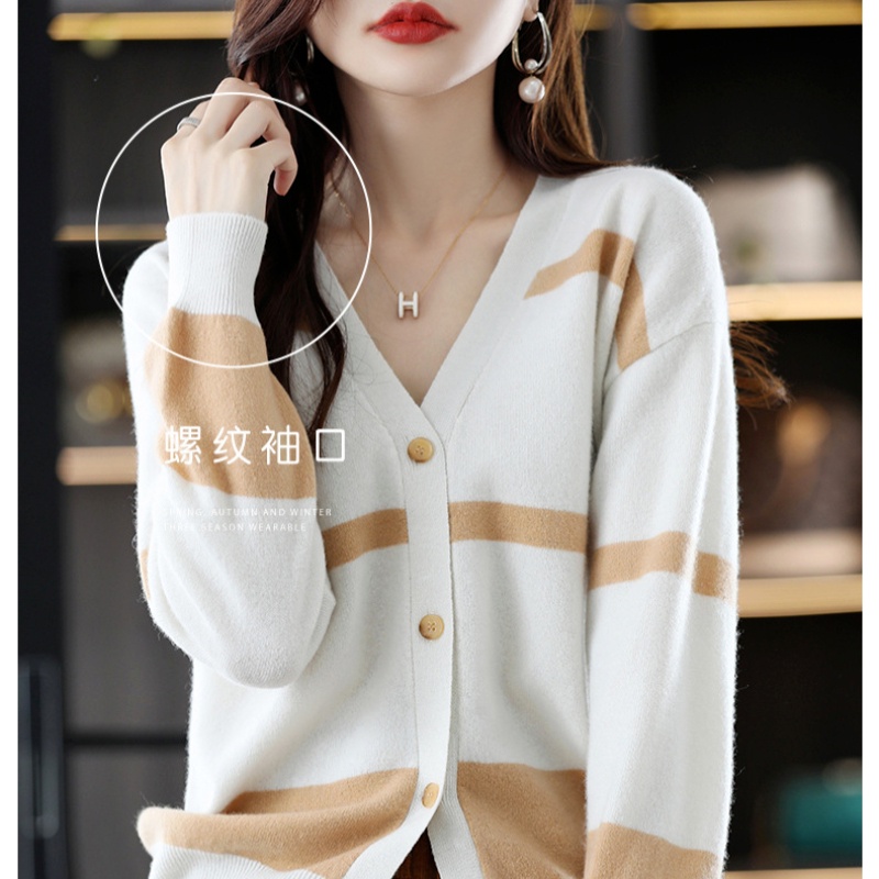 Áo khoác cardigan ZHELIHANGFEI dệt kim tay dài cổ V họa tiết sọc ngang thời trang thanh lịch cho nữ