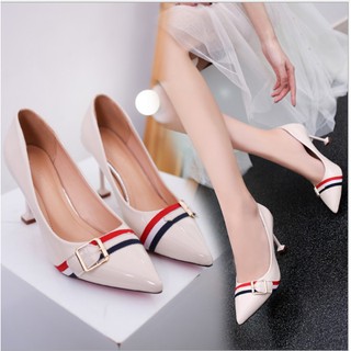 Giày cao gót phối nơ kẻ xinh xắn