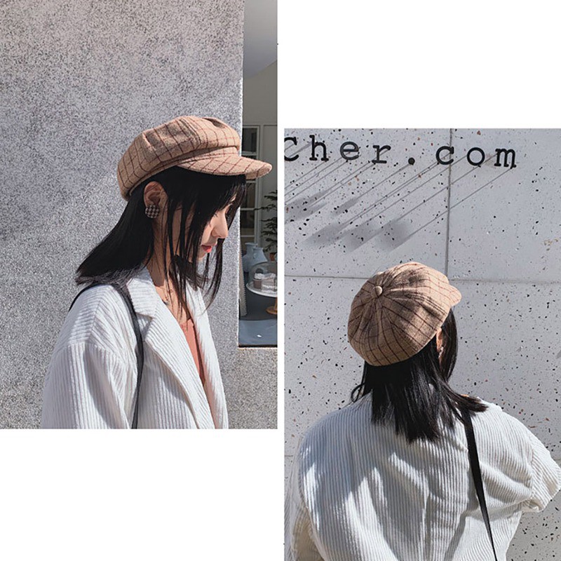 Nón beret họa tiết ca rô phong cách retro dễ phối đồ