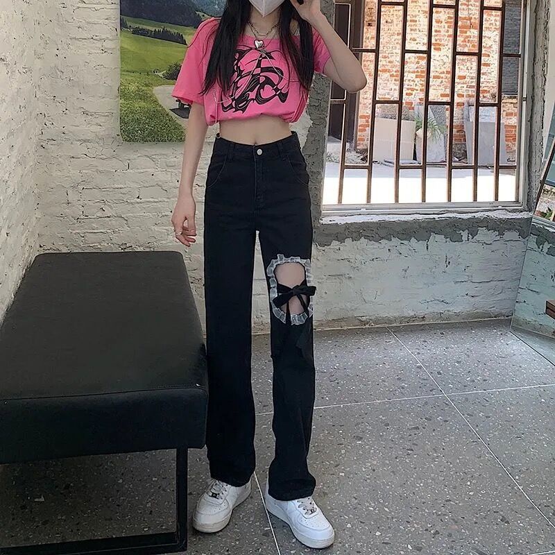 Quần jean dài ống rộng phối ren thiết kế mỏng thời trang hè phong cách Hàn Quốc cho nữ
