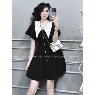 Váy sơ mi đen xòe cổ cánh xen, váy sơ mi tay bồng cổ phối cúc ngọc