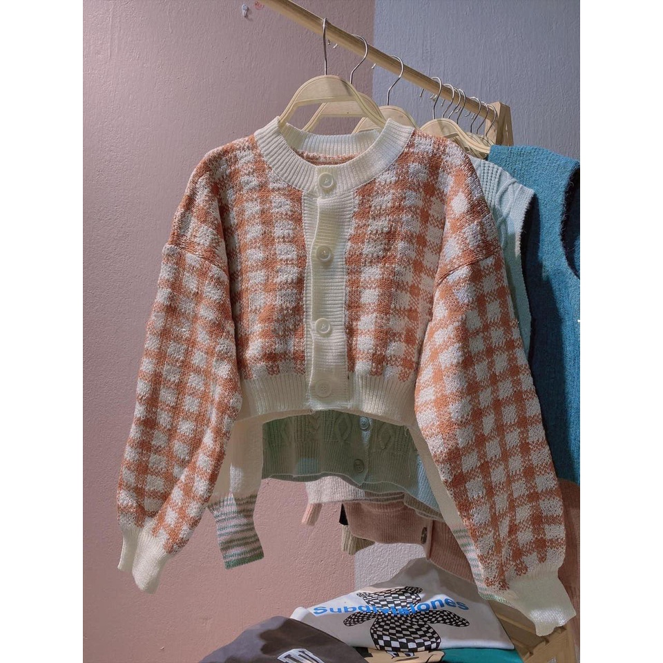 Áo Len Croptop Cardigan Nữ Kẻ Garo Nhiều Màu Phong Cách Hàn Quốc