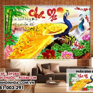 Tranh đính đá chim công Cha mẹ. Kích thước: 93x60cm