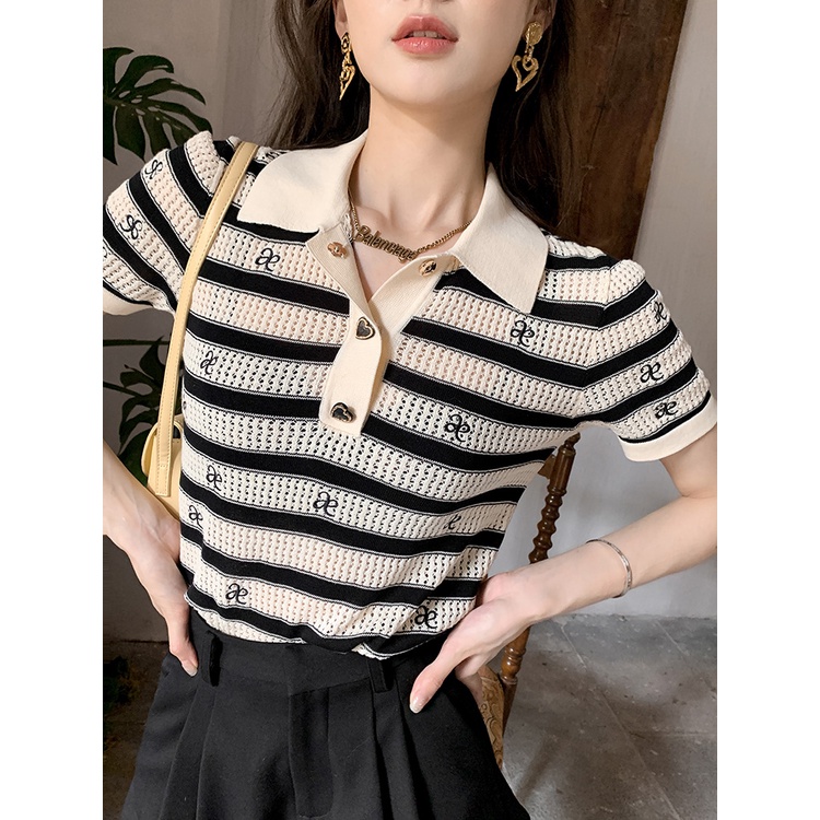 622167#Áo Thun Polo Dệt Kim Mỏng Tay Ngắn Kẻ Sọc Trắng Đen Thời Trang Mùa Hè Cho Nữ
