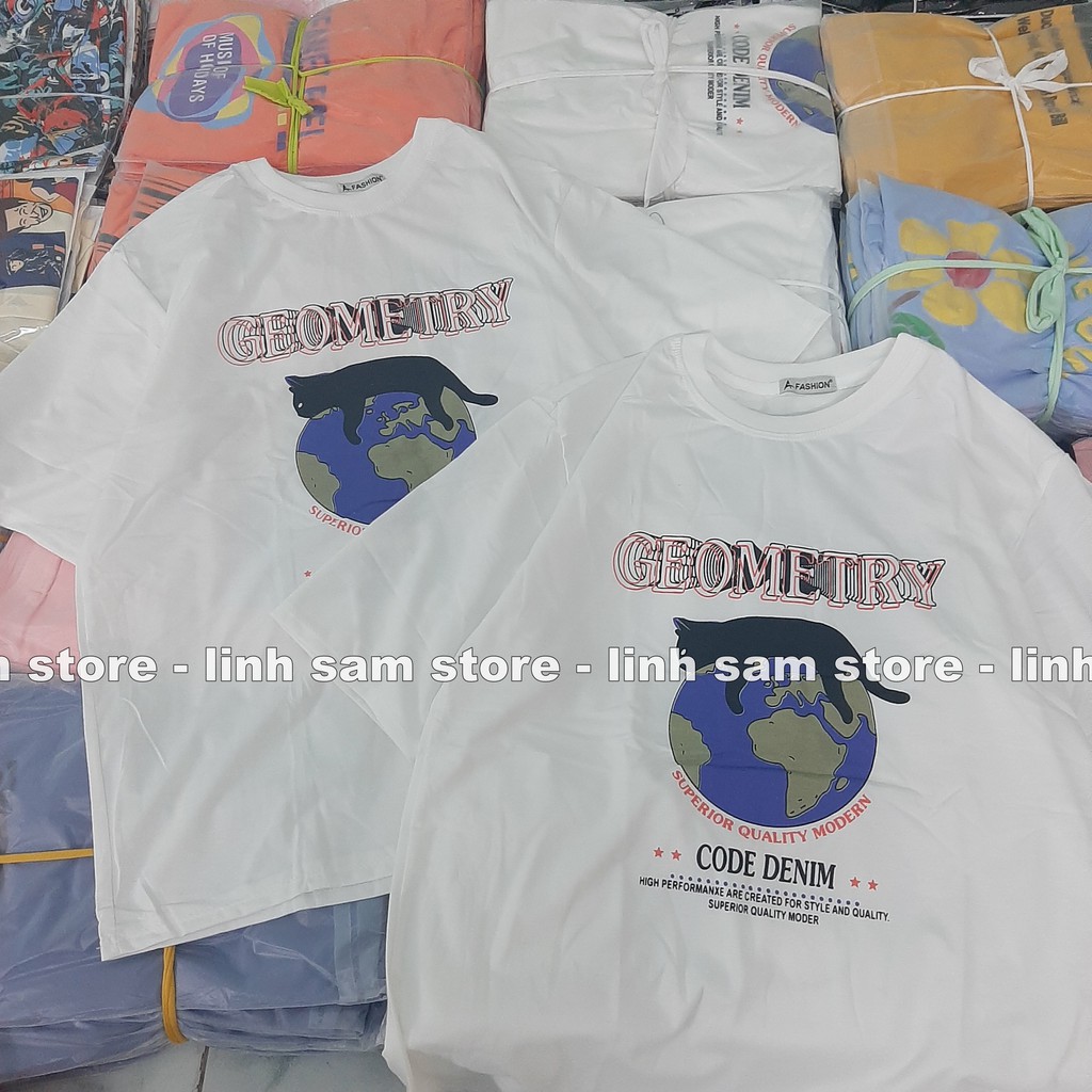Áo thun tay lỡ nữ freesize phông form rộng dáng Unisex, mặc lớp, nhóm, cặp in hình MÈO ĐỊA CẦU GEOMETRY màu trắng | BigBuy360 - bigbuy360.vn