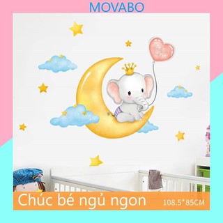 Decal phòng ngủ cho bé trang trí dán tường hình chú voi ôm giấc mơ kích thước 108x85cm
