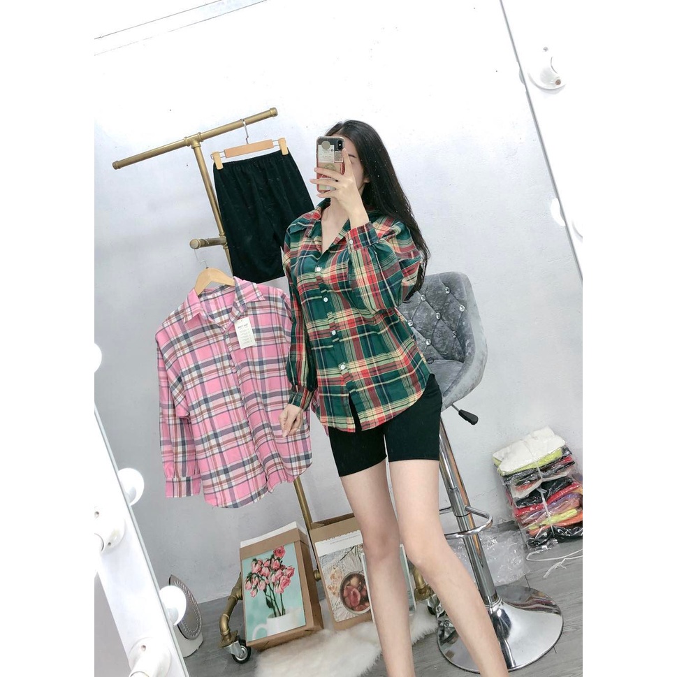 [Mã FAMARAL2 giảm 10K đơn 50K] Set áo sơ mi sọc caro quần ngố ôm cho nữ mặc nhà, mặc đi chơi siêu HOT, vải đẹp, giá rẻ