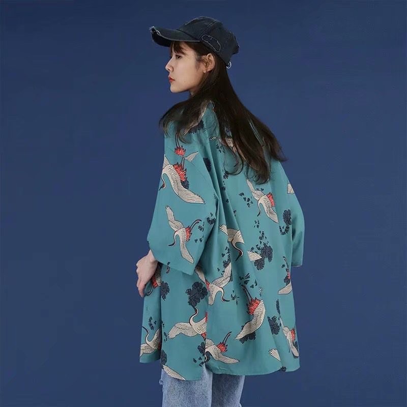 Sơmi Tay Lơ In Hoạ Tiết Hạc Unisex Nam Nữ
