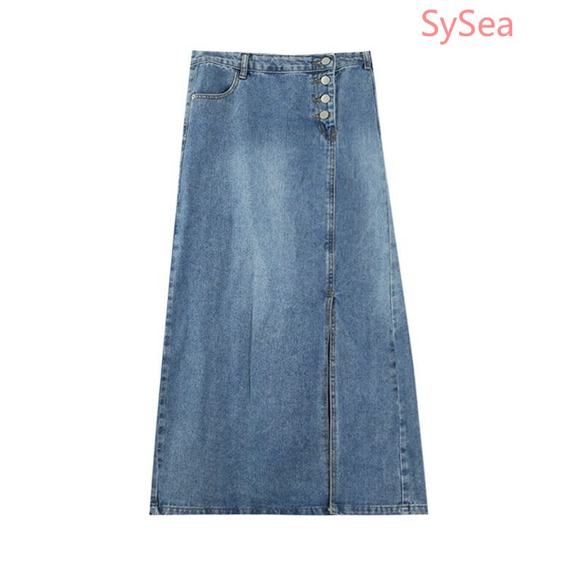 Chân váy jean dáng dài lưng cao thiết kế xẻ tà thời trang dành cho nữ