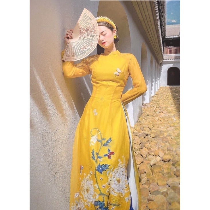 Áo dài Tết tơ 4 tà HOA SEN dài dáng truyền thống - Áo dài HOA CÚC TẾT