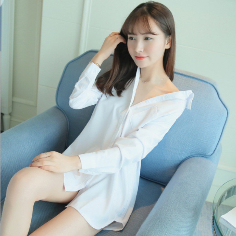 Đầm sơ mi tay dài cổ bẻ dáng rộng cho nữ