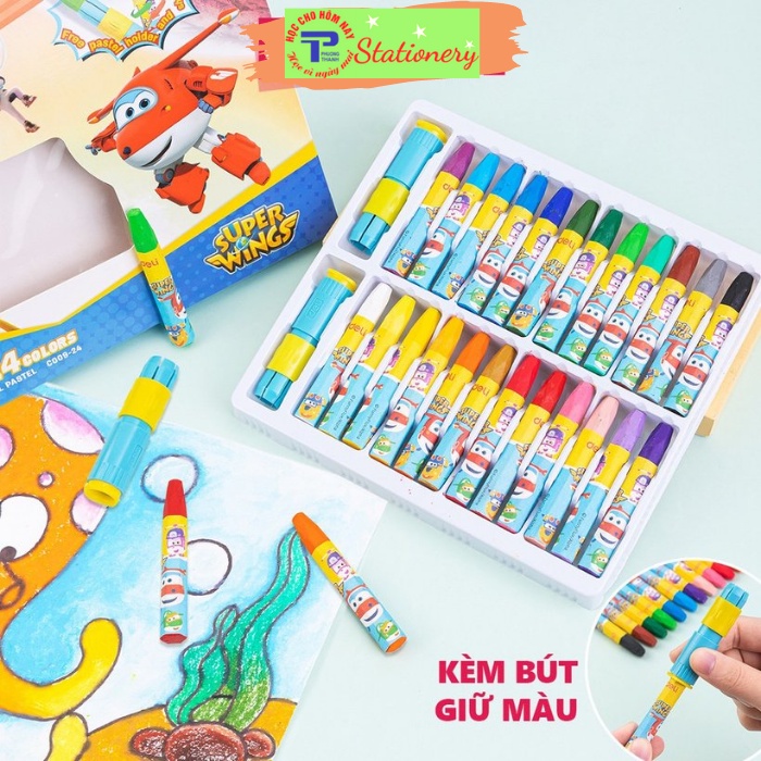 Bút màu sáp dầu Deli SuperWings Đội Bay Siêu Đẳng 12,18,24 màu, tô mịn - an toàn cho bé - tặng kẹp chống bẩn - C009