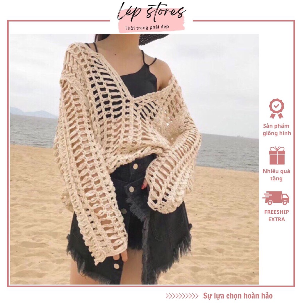 Áo lưới đi biển LEP STORE đan sợi dày mặc ngoài bikini cổ v rộng tay dài