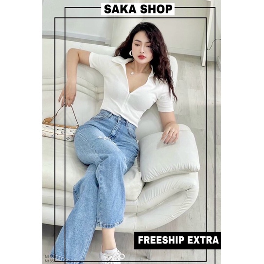 Áo croptop nữ cổ sơ mi dây kéo khoá phía trước