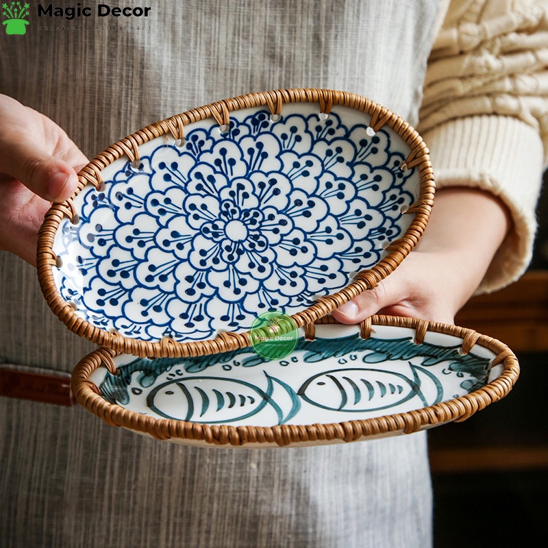 Đĩa sứ viền mây đan decor  khay mây trang trí hình bầu dục đựng đồ ăn, trái cây, phụ kiện chụp ảnh độc lạ