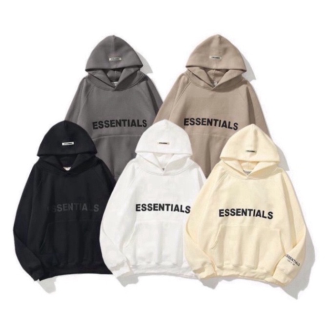[FREE SHIP] Áo hoodie Unisex chữ ESSENTIALS màu đen trắng be xám đậm chất nỉ bông có mũ dài tay phong cách Ulzzang form