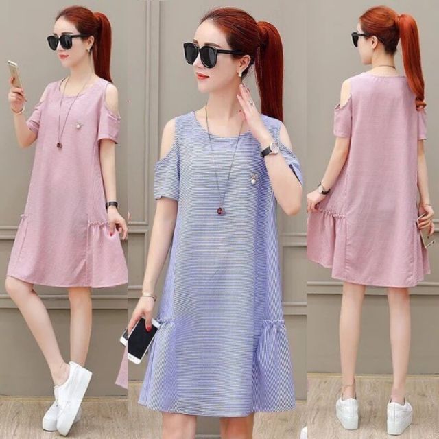 Đầm Suông Hở Vai Sọc Nhí Dánng Xòe Váy Nữ Đẹp Neppy