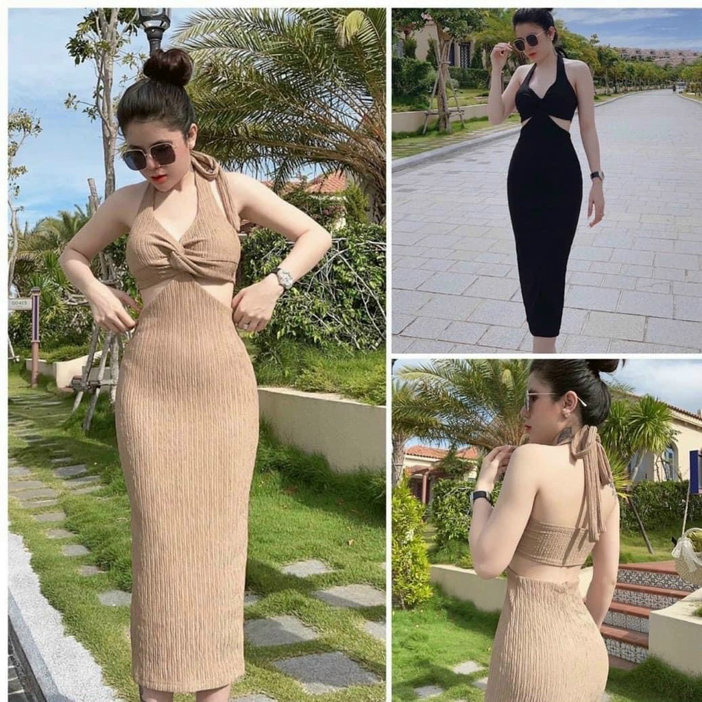 (Ưu Đãi Freeship)Đầm body cổ yếm xoắn ngực  khoét eo cực xinh,chất thun xốp kim cương hàng chuẩn shop