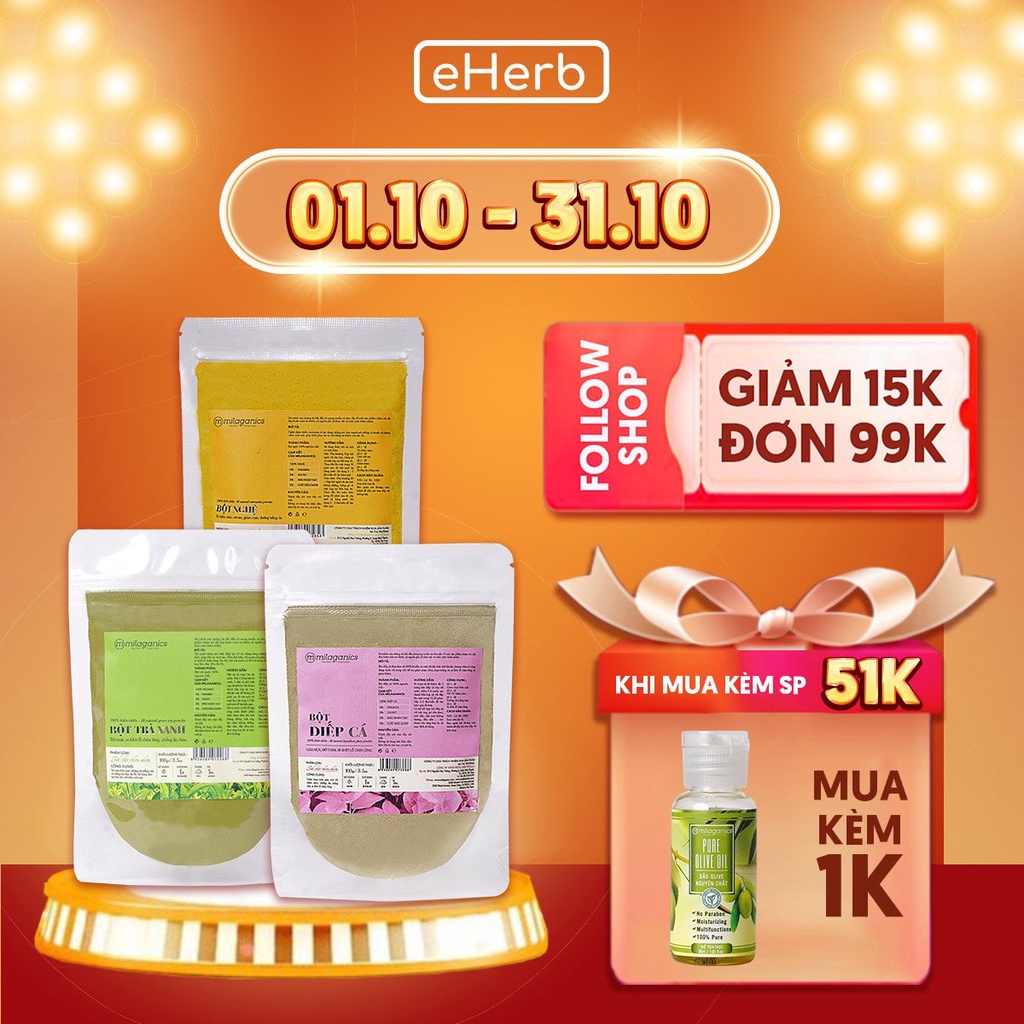 Combo 3 Mặt Nạ Bột Ngăn Ngừa Mụn Bột Trà Xanh, Bột Diếp Cá, Bột Nghệ MILAGANICS (100g/ Túi)