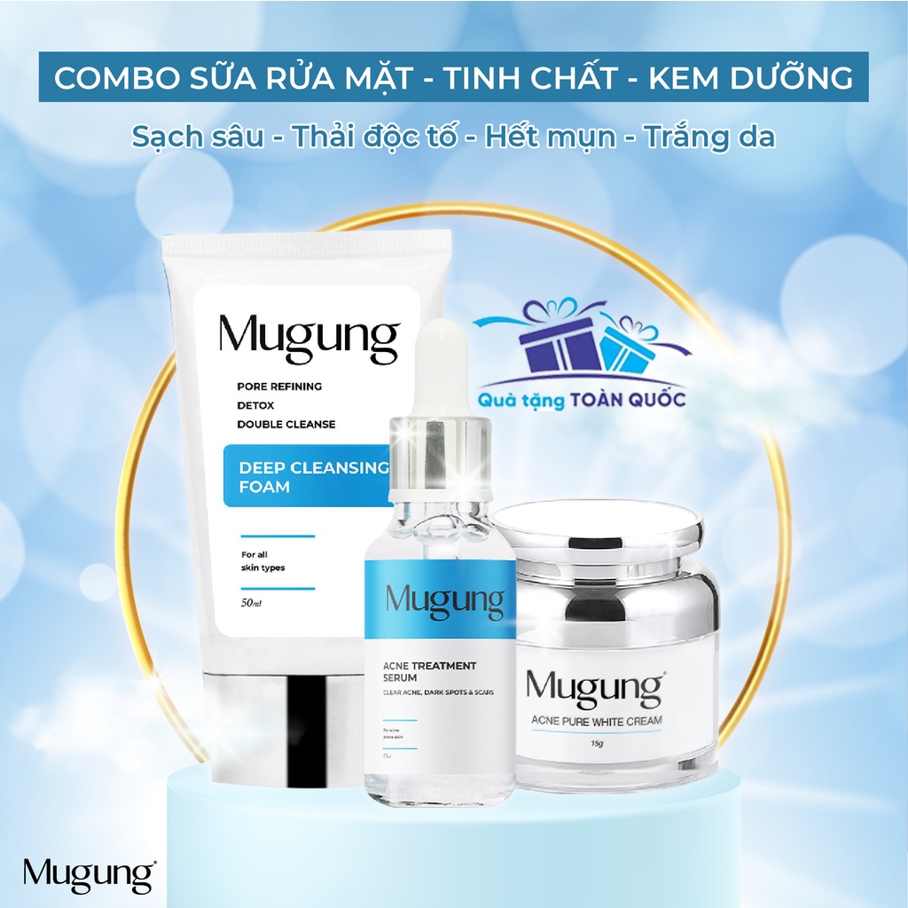 Combo Bộ 3 ngăn ngừa mụn Mugung Serum Acne Treatment, Kem dưỡng da phục hồi và sữa rửa mặt không bong da