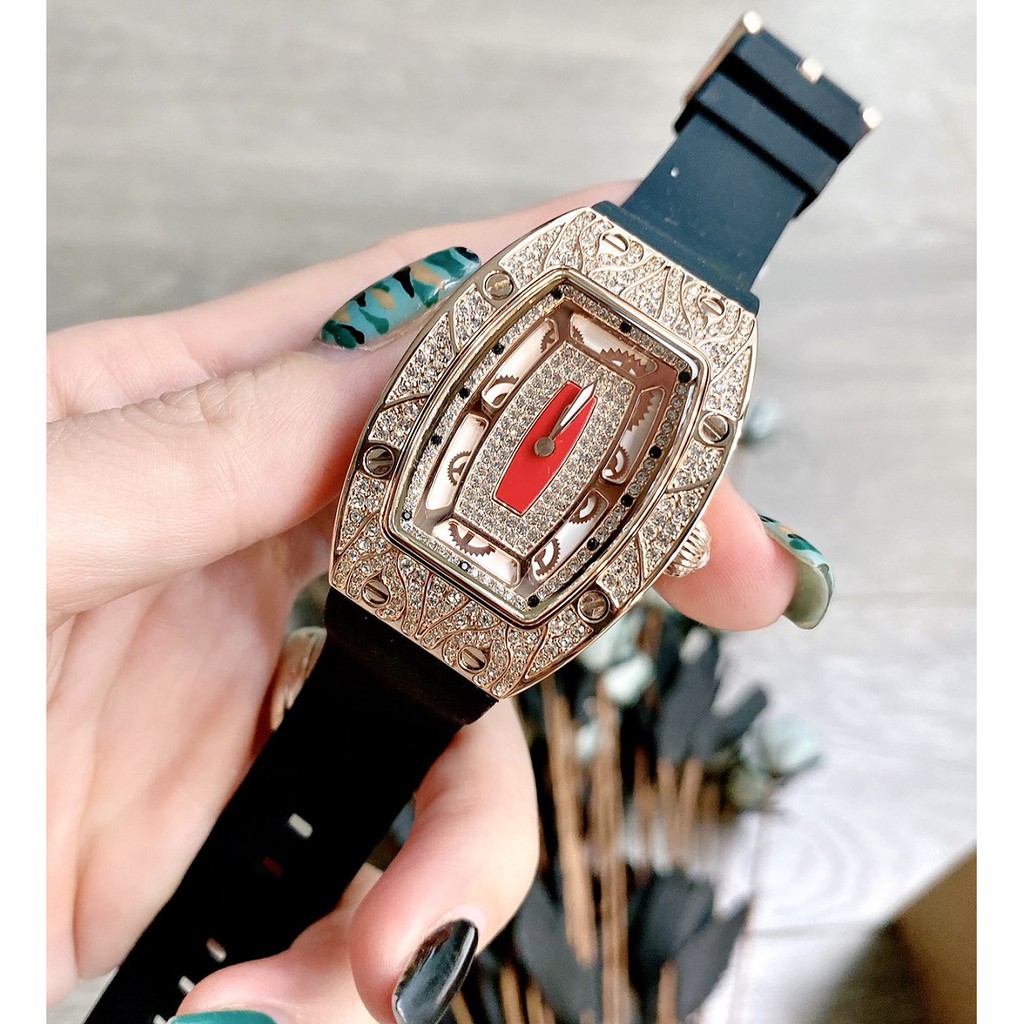 Đồng Hồ Nữ Davena Dây Silicon Đen Mặt Hoa Văn Đính Đá Rose Gold D31995 36mm Authentic