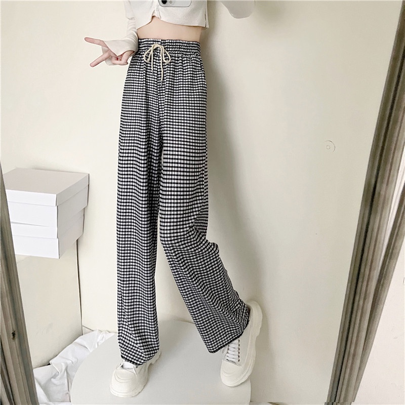 Quần ống rộng kiểu xếp ly kẻ sọc đen trắng phong cách Hàn Quốc cho nữ