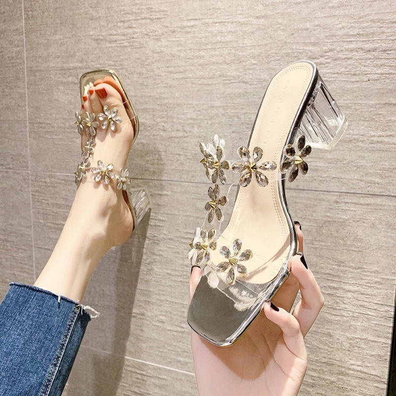 Dép Sandal Đế Dày Quai Trong Suốt Đính Đá Và Ngọc Trai Thời Trang Mùa Hè
