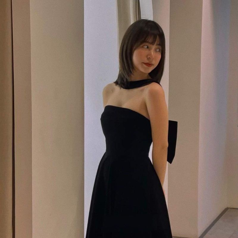 Đầm dự tiệc dáng xòe dây cổ nơ lưng vải nhung Kana Dress