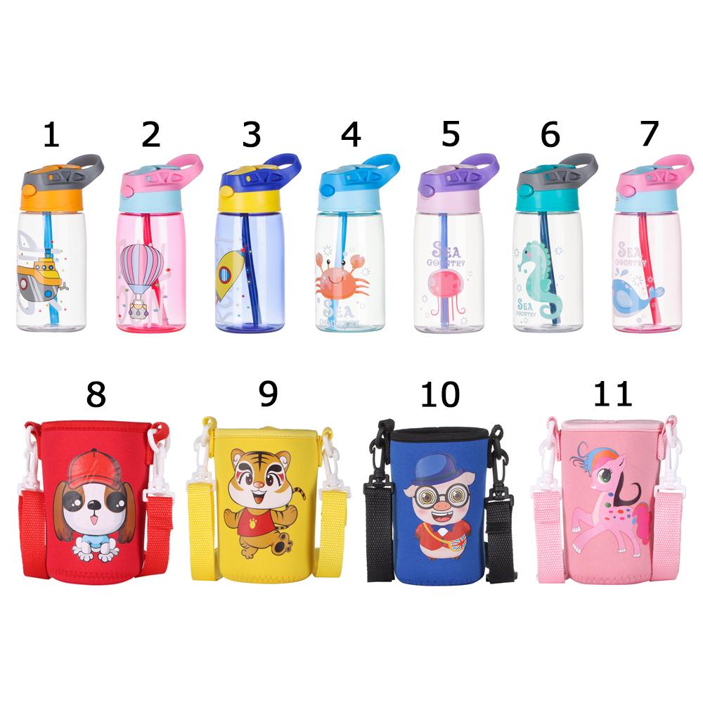 Bình Uống Nước Không BPA Trong Suốt In Hoạt Hình Kèm Ống Hút Tiện Dụng Cho Bé