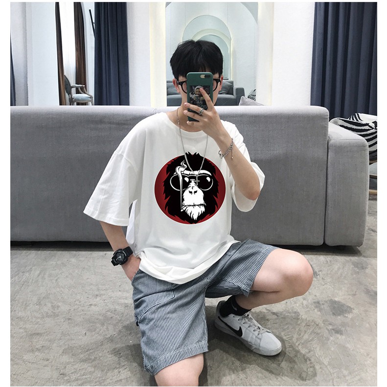 Áo thun unisex basic Monkey Smoker dáng rộng tay lỡ hai màu trắng đen, áo phông nam nữ oversize tay lỡ