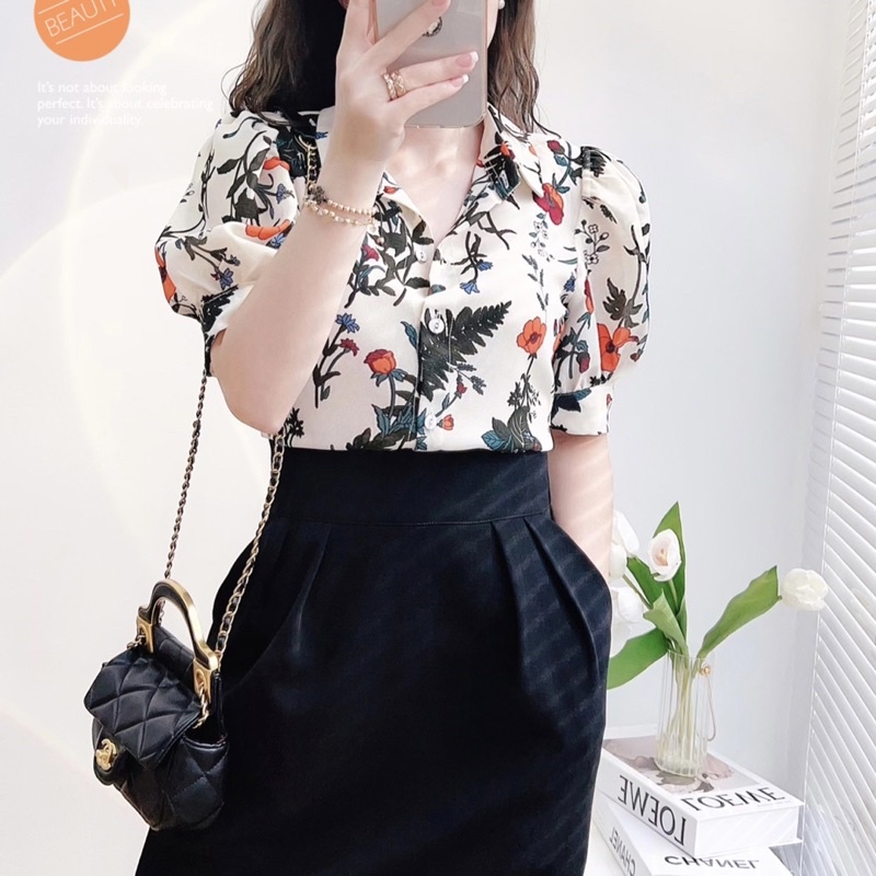 Set áo sơ mi hoa G545 phối chân váy đen rất trẻ trung sang chảnh tôn dáng cho chị em có bán rời áo và chân váy