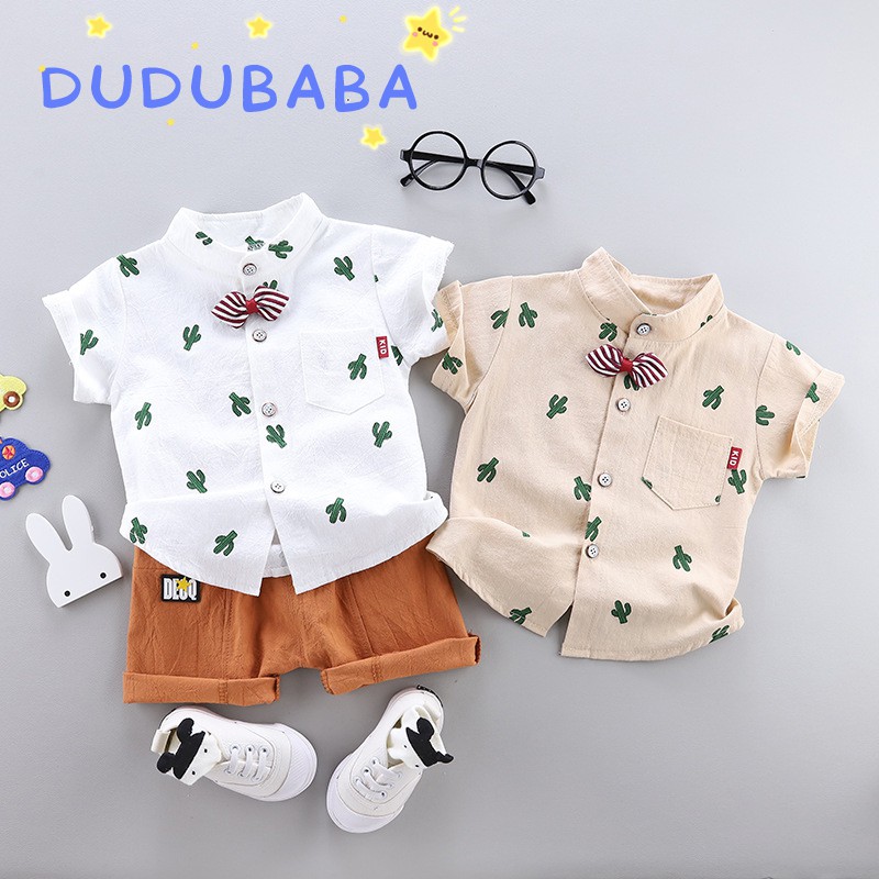 Set áo sơ mi tay ngắn in hình cây xương rồng + quần short lưng thun cho bé trai từ 1-4 tuổi