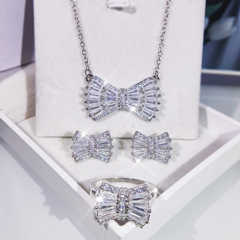 Simple Bow Necklace Earrings Two Piece Set Platinum Plated Zircon Set Women's Accessories