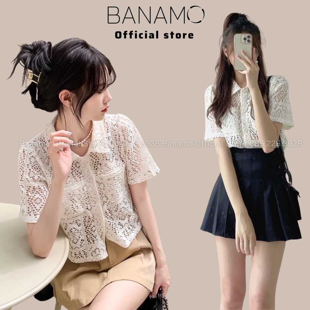 Áo sơ mi nữ cộc tay phối ren họa tiết rỗng kiểu pháp thời trang Banamo Fashion sơ mi phối ren 392