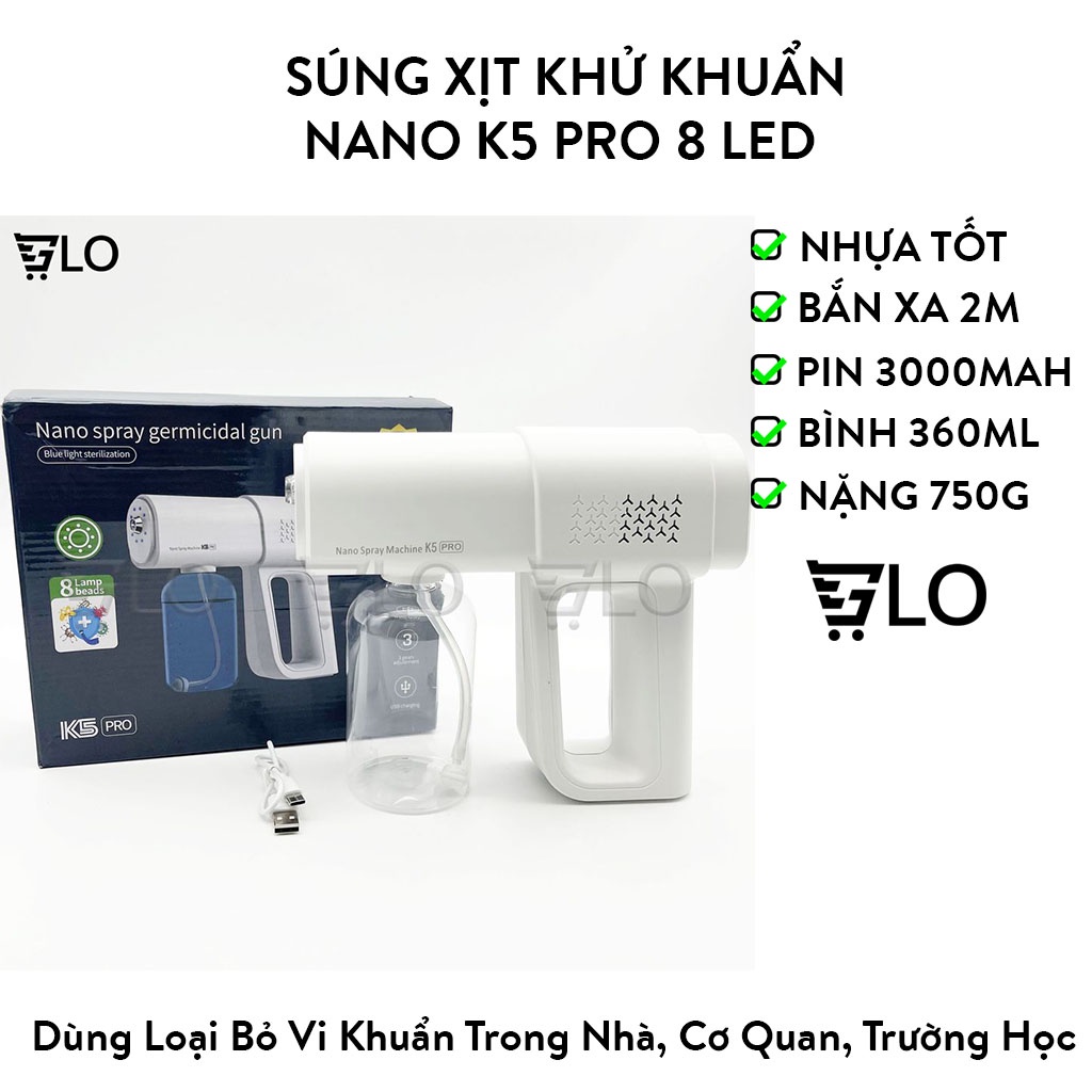 Bộ Súng Xịt Khử Khuẩn Nano K5 Pro 8 Led UV Lõi Đồng