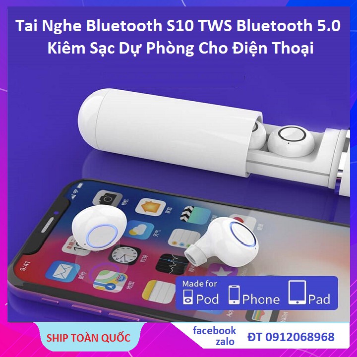 Tai Nghe Bluetooth, Tai Nghe Bluetooth 5.0 S10 TWS Cảm Biến Vân Tay Chống Nước Kiêm Sạc Dự Phòng Cho Điện Thoại