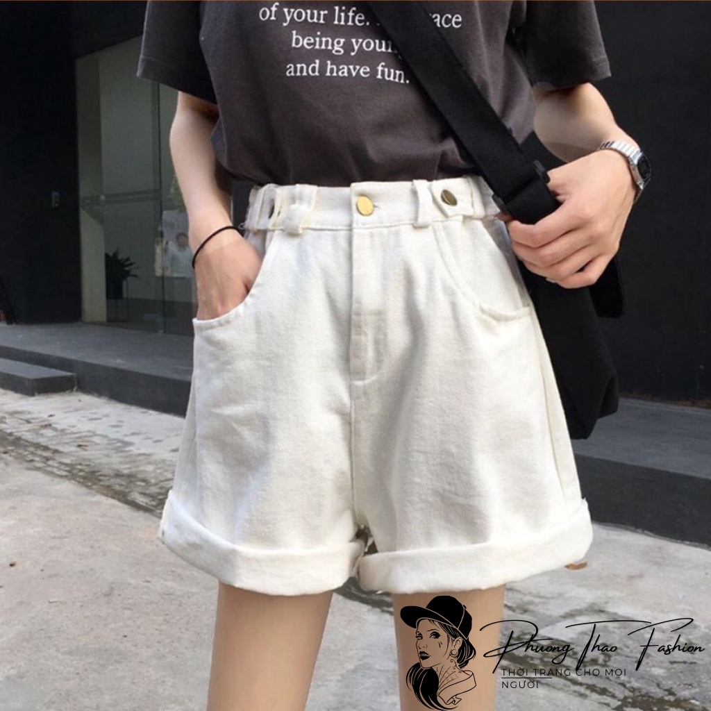 Quần short kaki nữ lưng cao, quần đùi jean cạp cao ống rộng sắn gấu C3