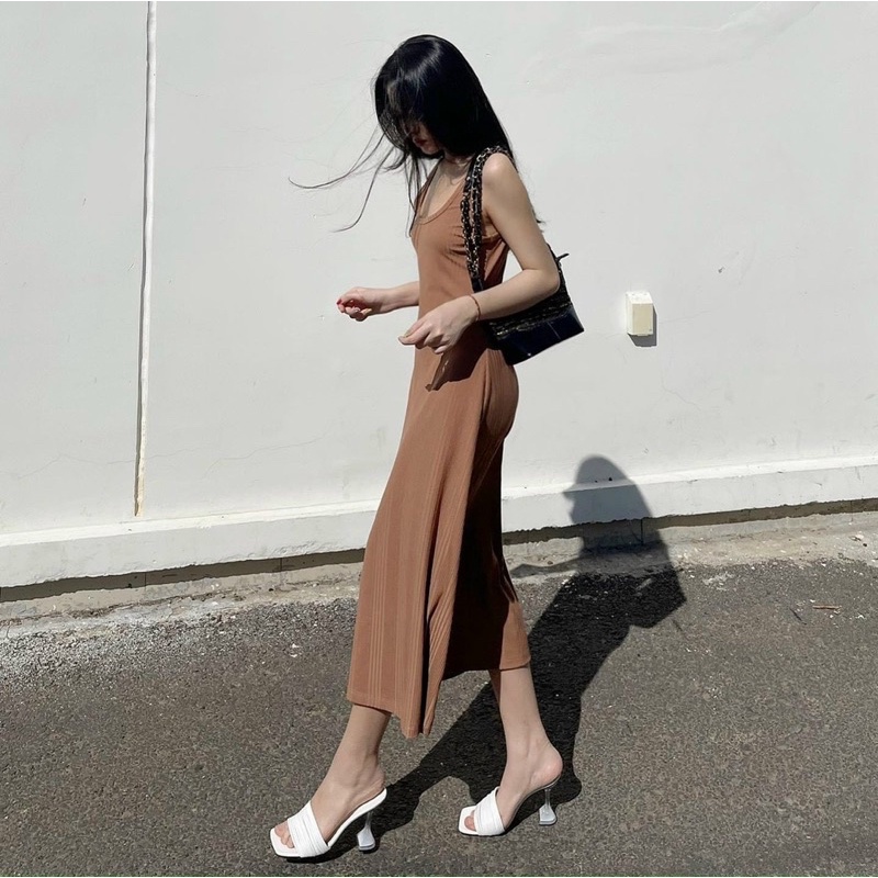 Đầm - Váy midi body nâu 2s Ba lỗ sát nách - KÈM HÌNH THẬT