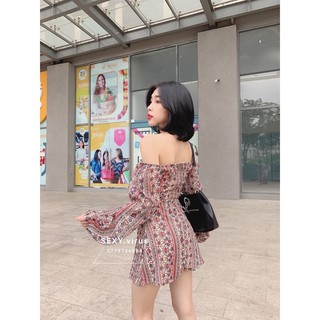 Đầm mini A tay phồng - trễ vai