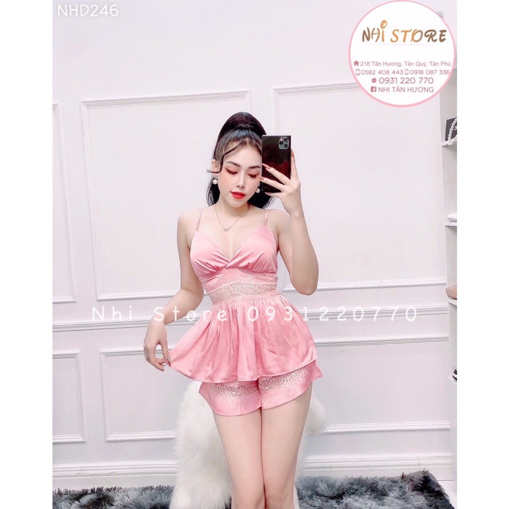 [FREESHIP 50K] Bộ Ngủ Ren NHISTORE Quần Đùi Bèo Áo Cúp Ngực Sexy Freesize Dưới 55kg