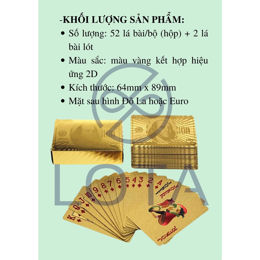 Bộ bài 52 lá mạ vàng 24k mặt sau hình Dollar Đô La chống nhăn không thấm nước, bộ bài tây cao cấp thiết kế đẹp độc đáo