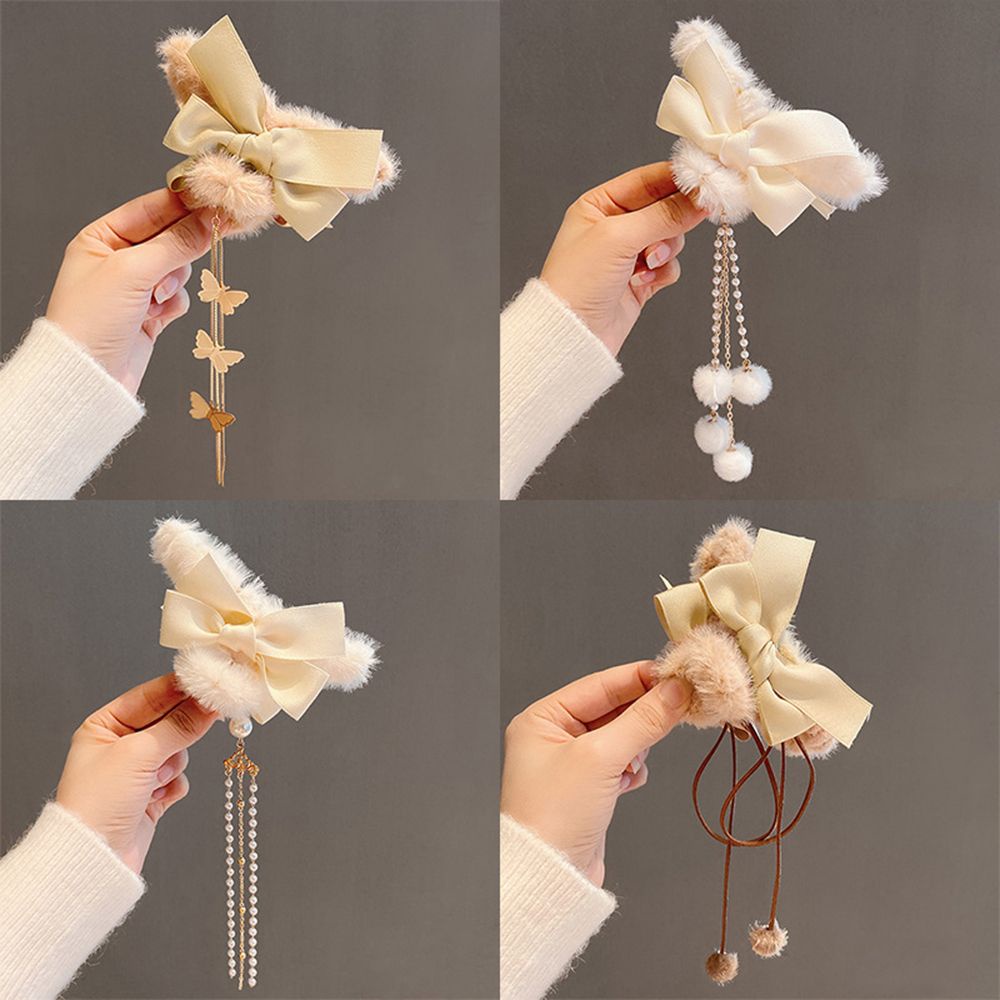 [Hàng giao ngay]Kẹp tóc lông xù dáng dài đính ngọc trai giả đáng yêu thời trang mùa thu