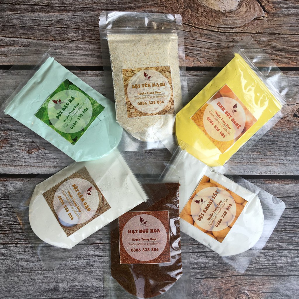 Mặt nạ da mụn handmade: bạc hà, yến mạch, tinh bột nghệ, khoai tây, hạt ngũ hoa, cám gạo, lô hội, khổ qua .. (Gói 100g