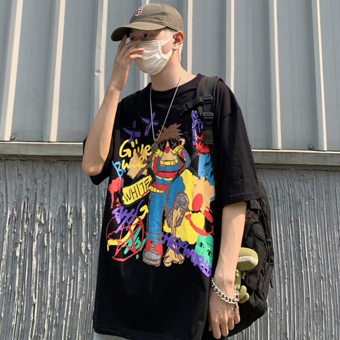 Áo thun ngắn tay cổ tròn thiết kế dáng rộng in họa tiết cá tính phong cách Hiphop cho nam
