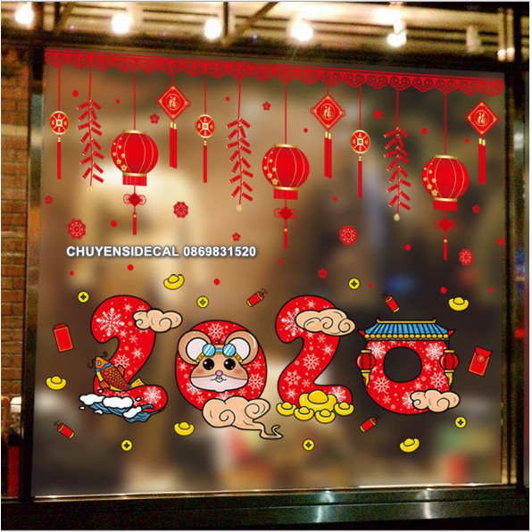 COMBO DECAL DÁN TẾT - 2020 phối Rèm lồng đèn đỏ ( 2 tấm )